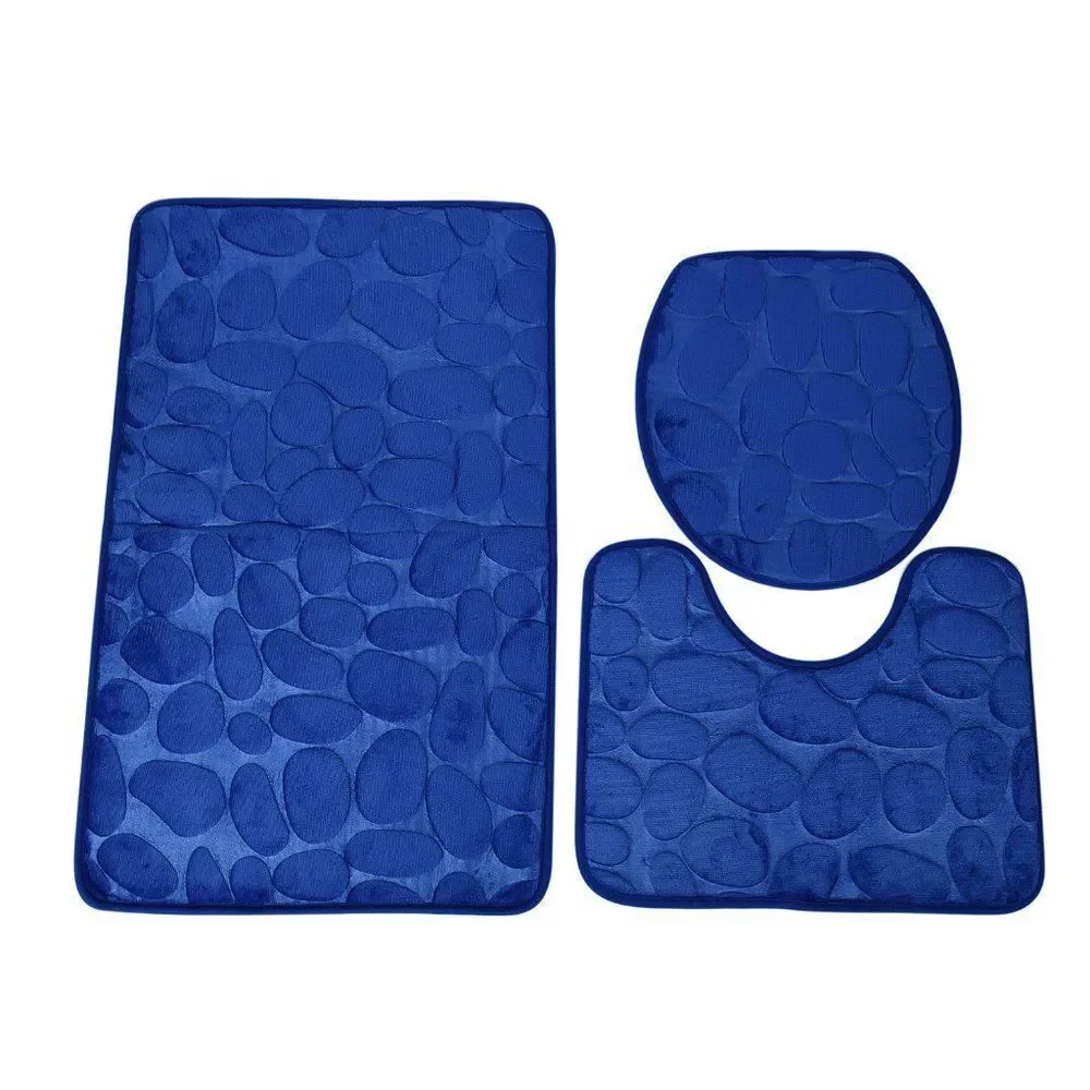 Bathroom Set of 3 Navy Blue Polyester